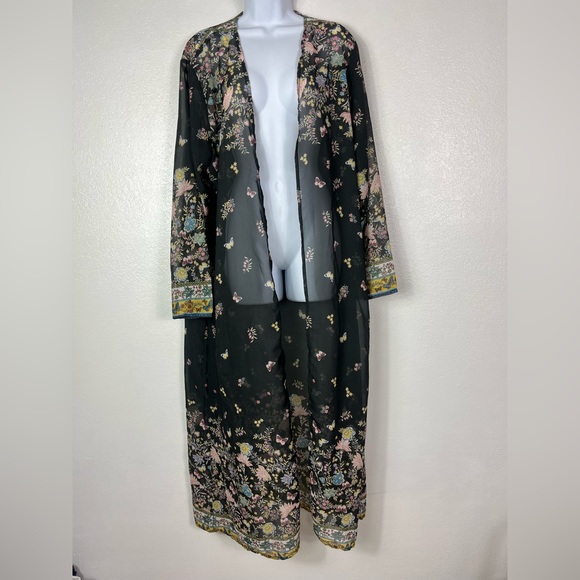 Floral Black Butterflies Sheer Maxi Kimono Coverup Cardigan size 5XL - Picture 5 of 9